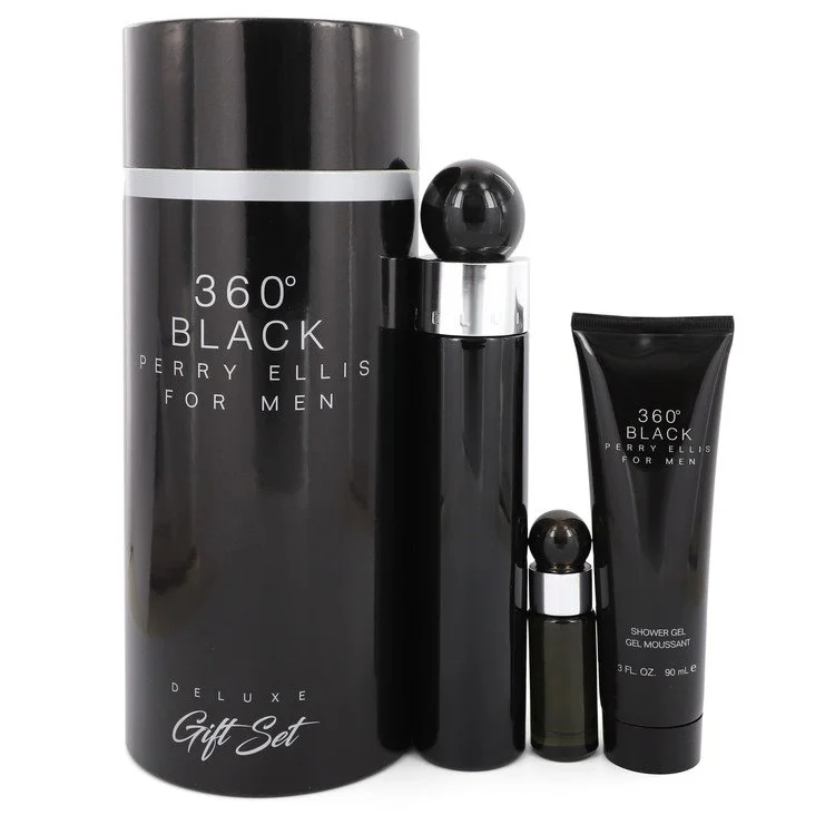 Perry Ellis 360 Black Gift Set: 100 ml (3,4 oz) Eau De Toilette (EDT) Spray + 0,25 oz Mini EDT Travel Spray + 3 oz (90 ml) Shower Gel chính hãng Perry Ellis