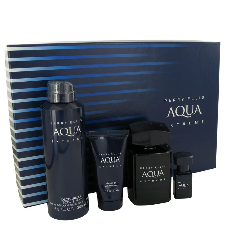 Perry Ellis Aqua Extreme Gift Set: 100 ml (3,4 oz) Eau De Toilette (EDT) Spray + 0,25 oz Mini EDT Spray + 200 ml (6,8 oz) Body Spray + 50 ml (1,7 oz) Shower Gel chính hãng Perry Ellis